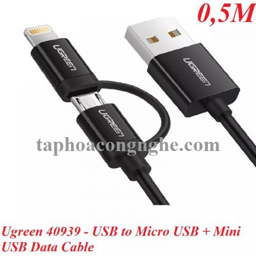 Ugreen 40939 0.5M màu Đen Cáp sạc đa năng USB sang MicroUSB + Lightning US178 30040939